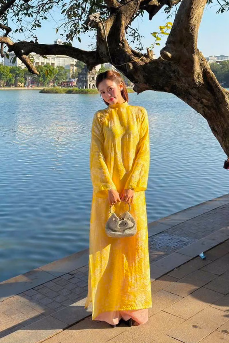 Áo dài tằm vàng kết hoa, quần gấm hoa hồng