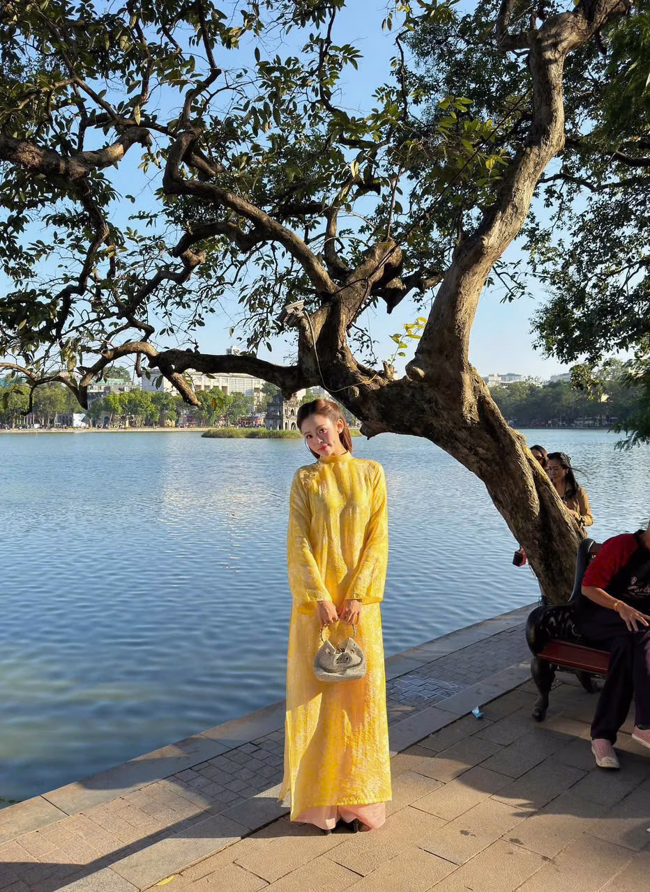 Áo dài tằm vàng kết hoa, quần gấm hoa hồng