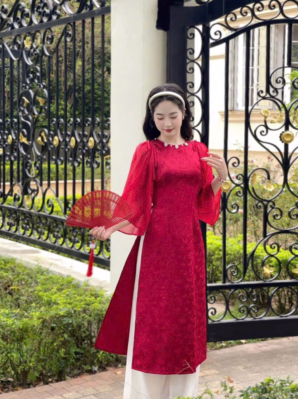 Gấm cổ kết đính mix tay tơ lên